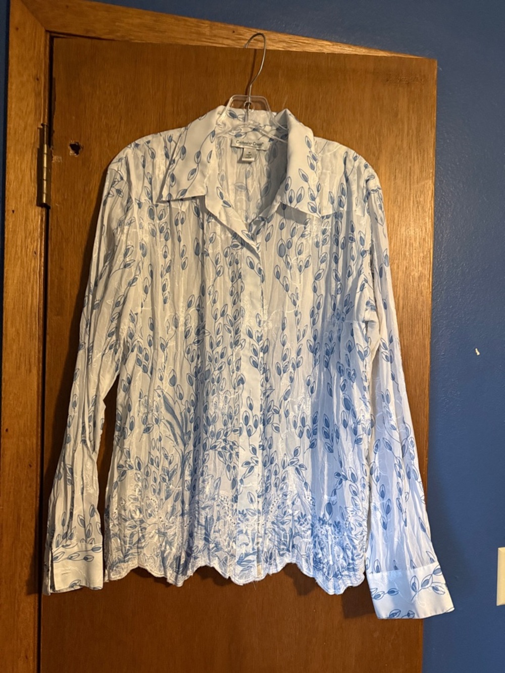 Coldwater Creek White Blouse with Blue Leaf Motif